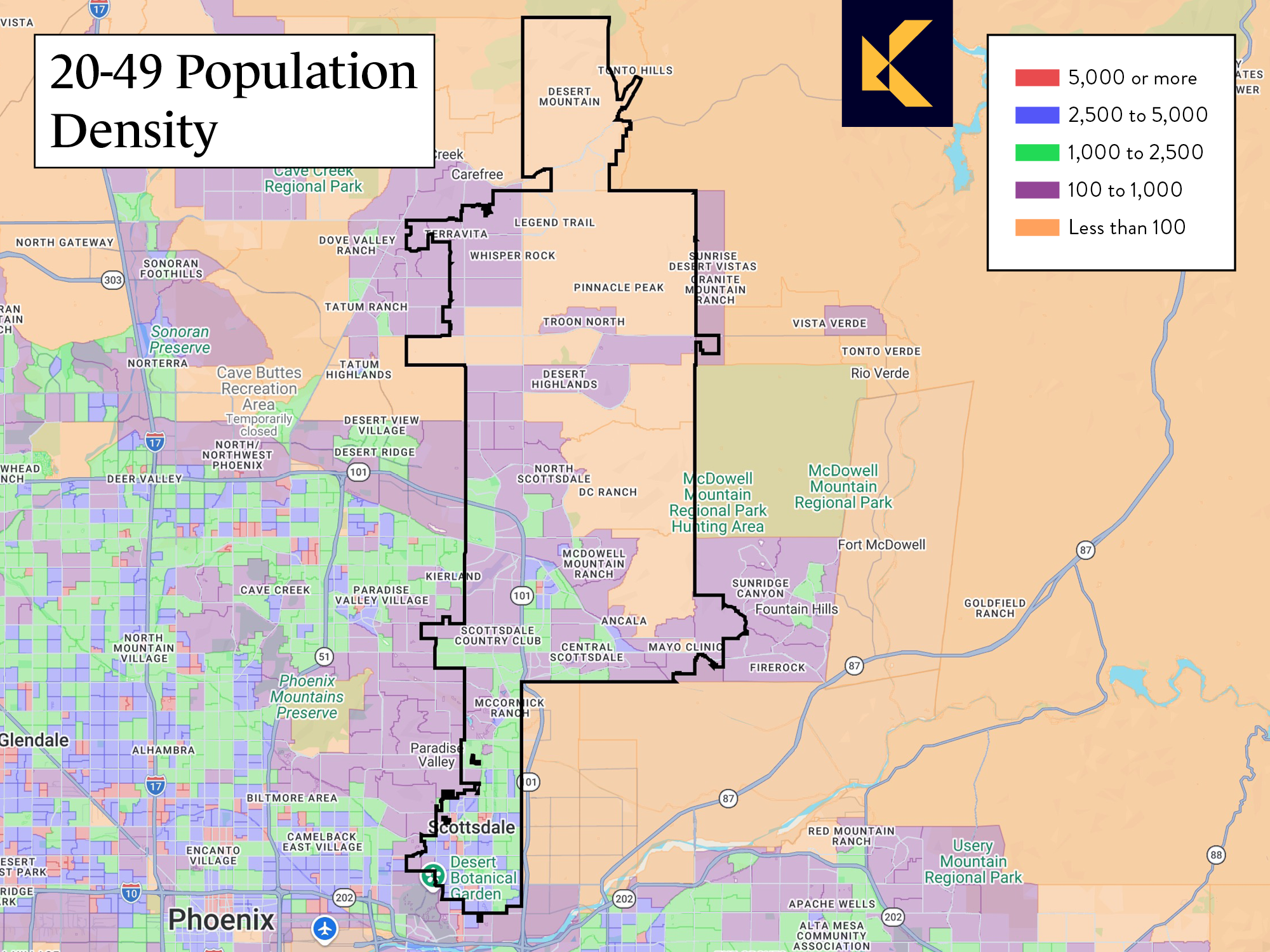 Map showing density of population ages 20-49 in Scottsdale, Arizona.