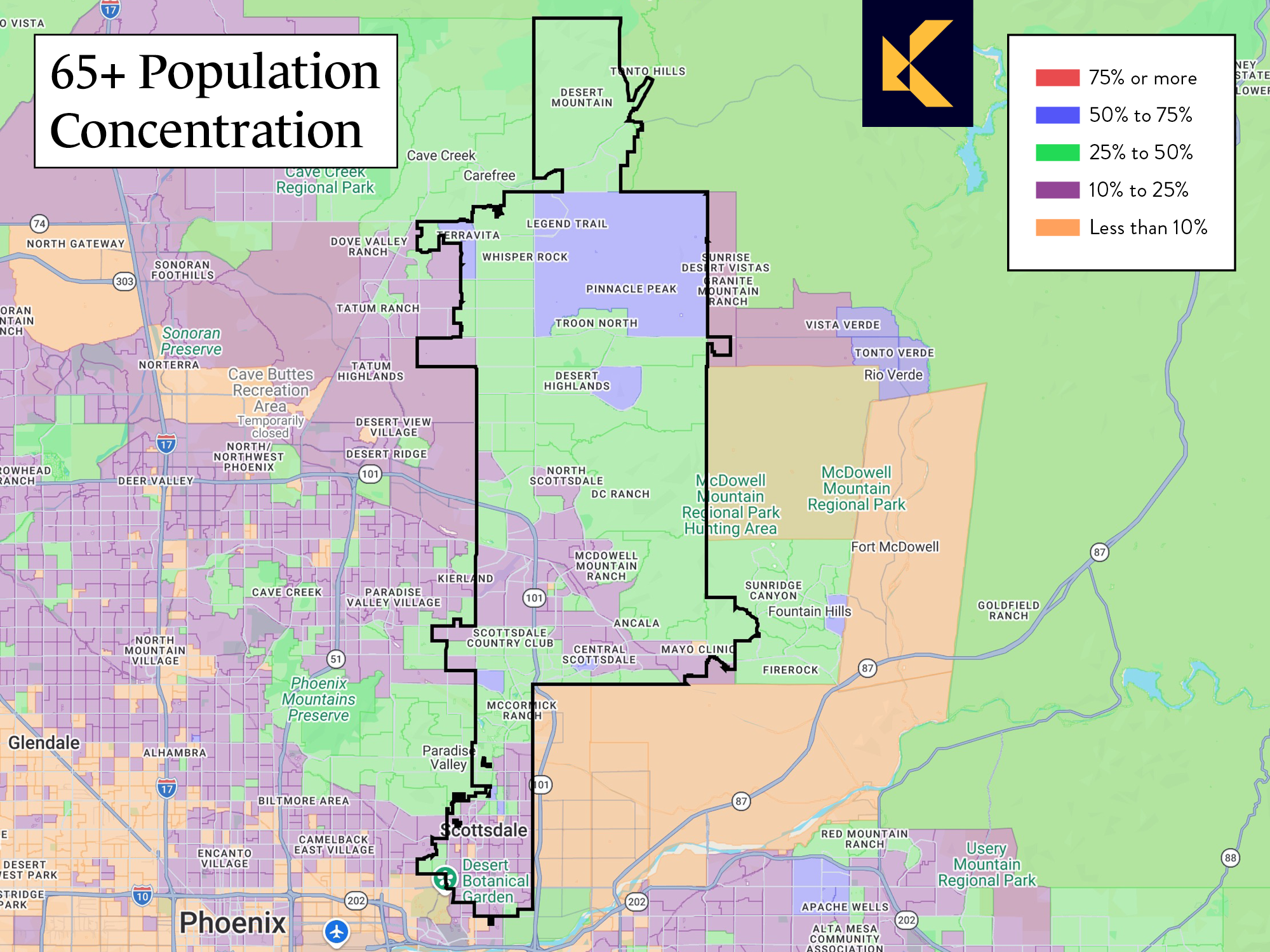 Map showing concentration of population aged 65 or more in Scottsdale, Arizona.