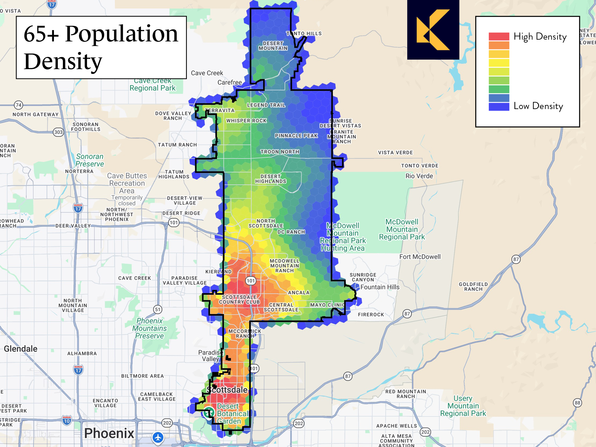Map showing population density of people aged 65 or more in Scottsdale, Arizona city limits.