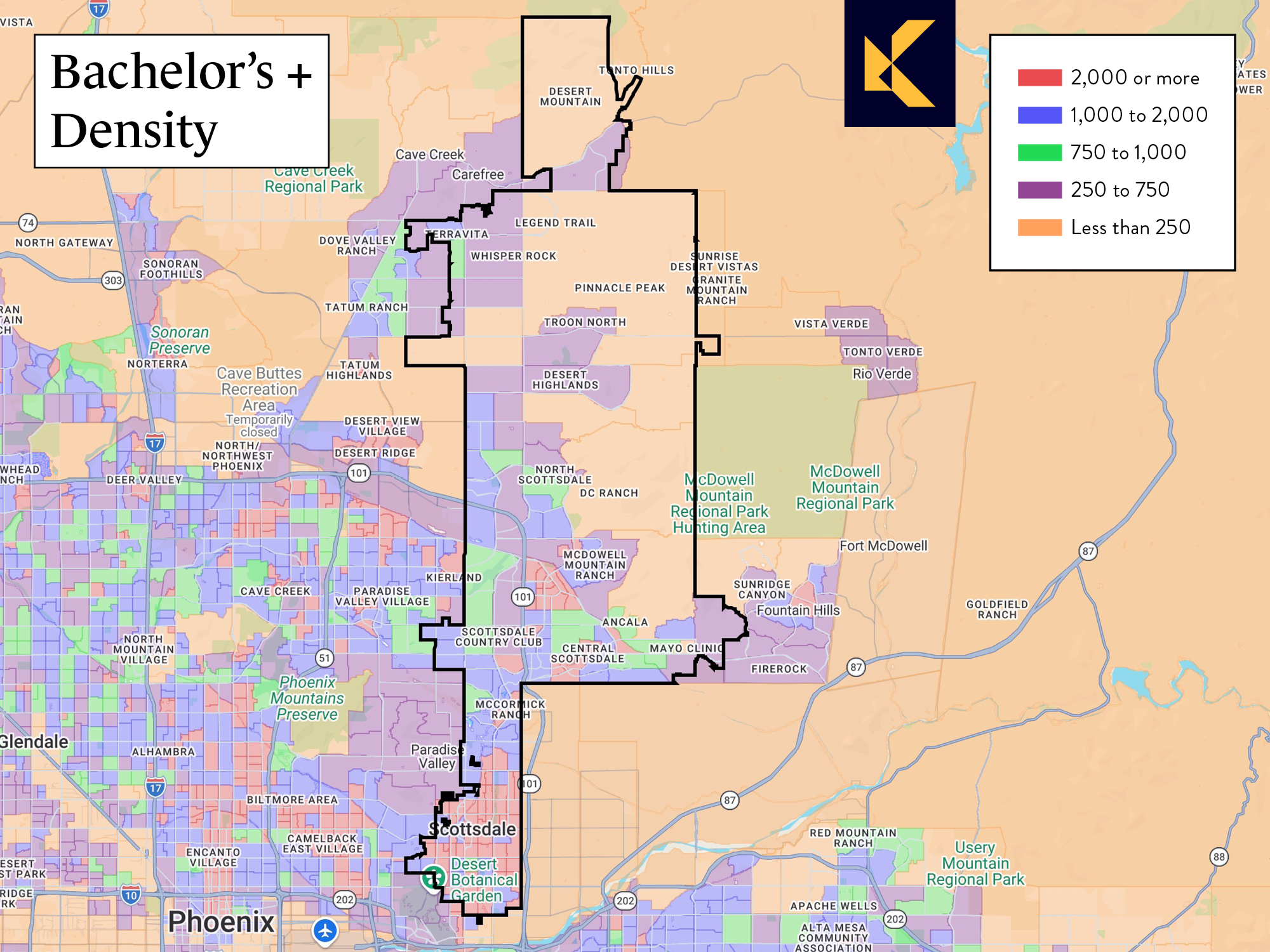 Map showing density of population in Scottsdale with a Bachelors Degree or higher.