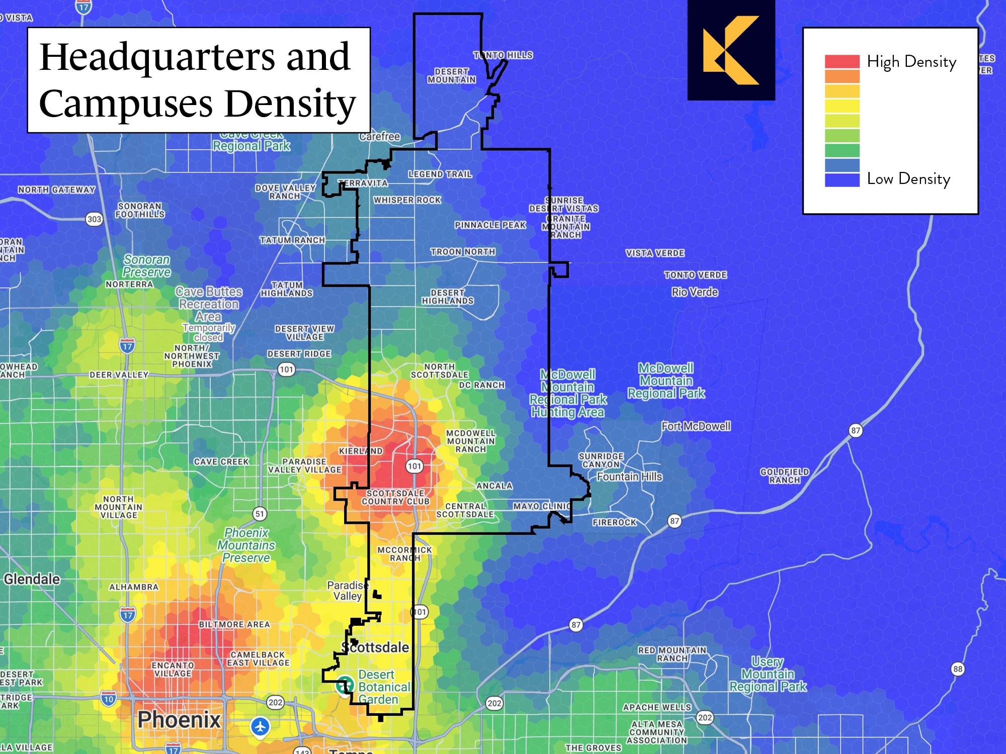 Map showing density of corporate headquarters and campuses in Scottsdale, Arizona.