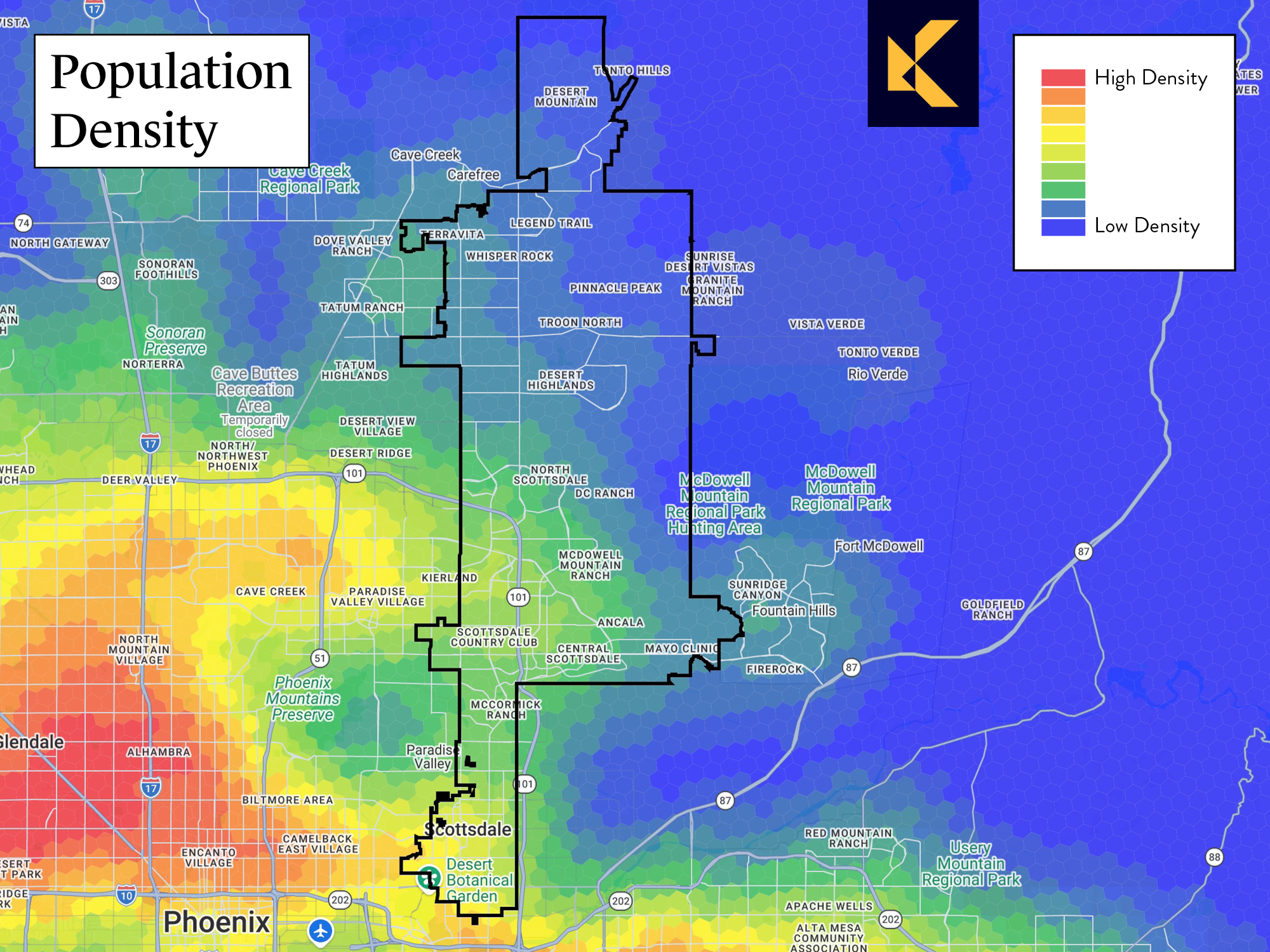 Map showing the population density of Scottsdale, Arizona.