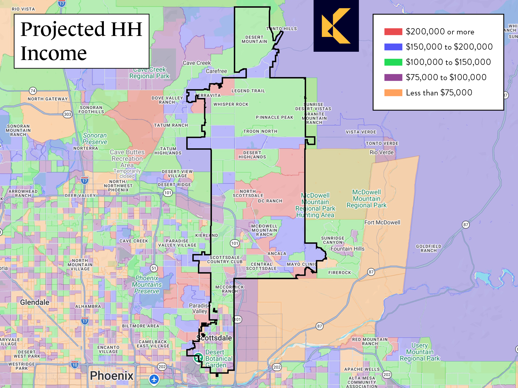 Map showing projected household income in Scottsdale, Arizona.