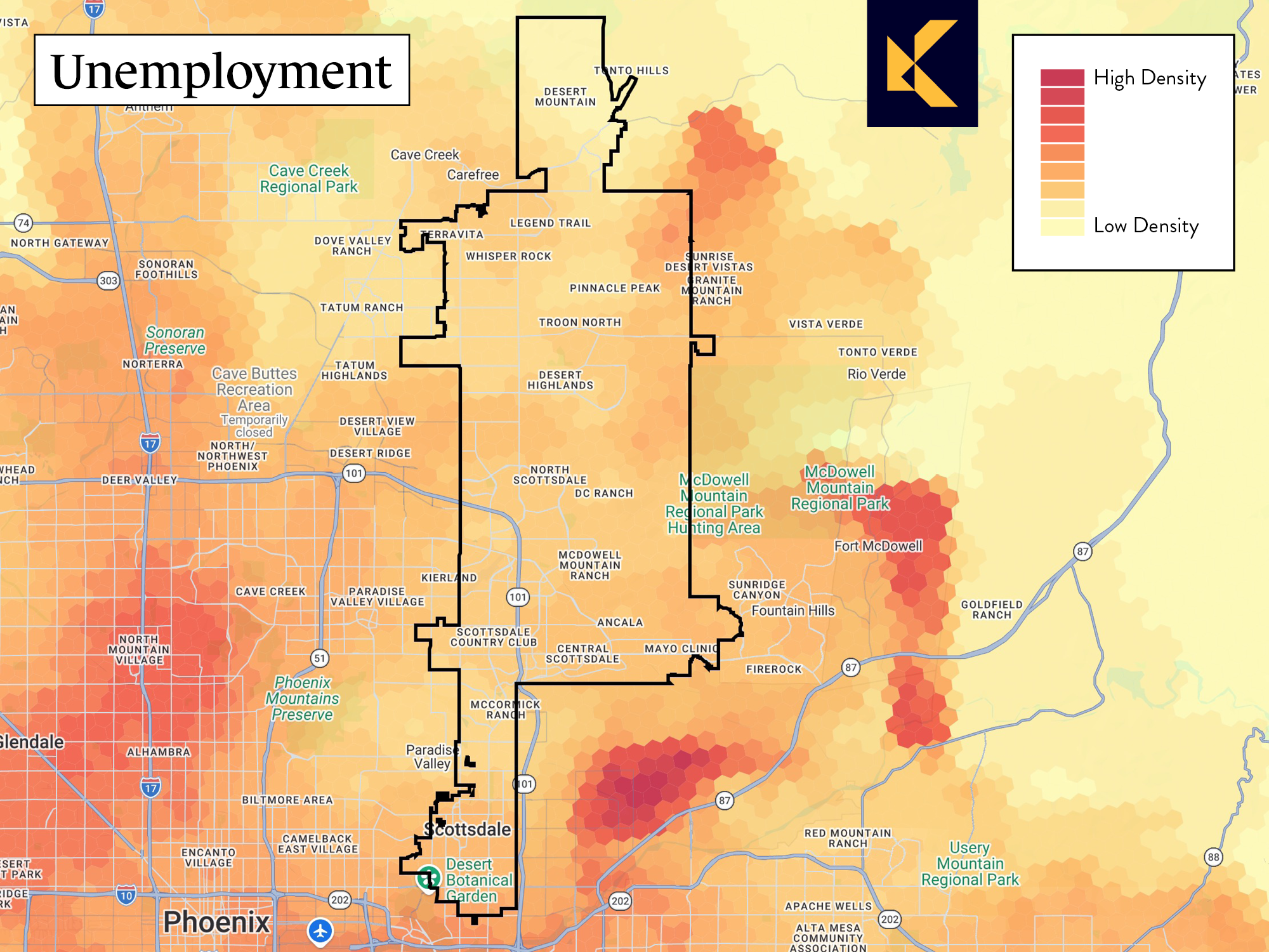 Map showing Unemployment percentage of Scottsdale, Arizona from highest density to lowest density.