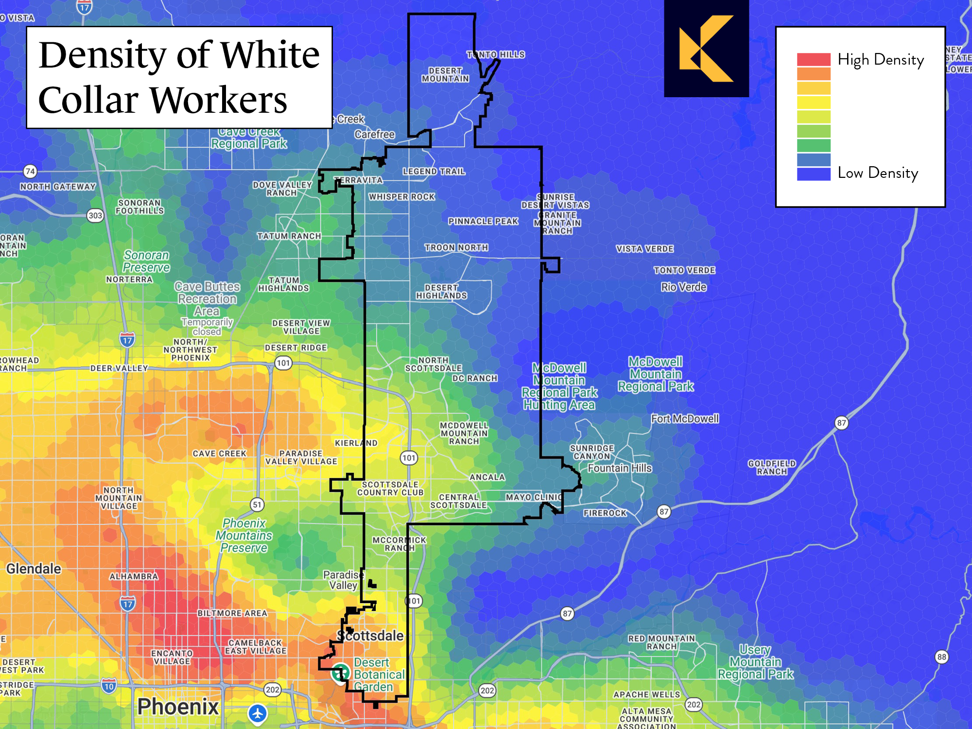 Map showing density of white collar workers in Scottsdale, Arizona.